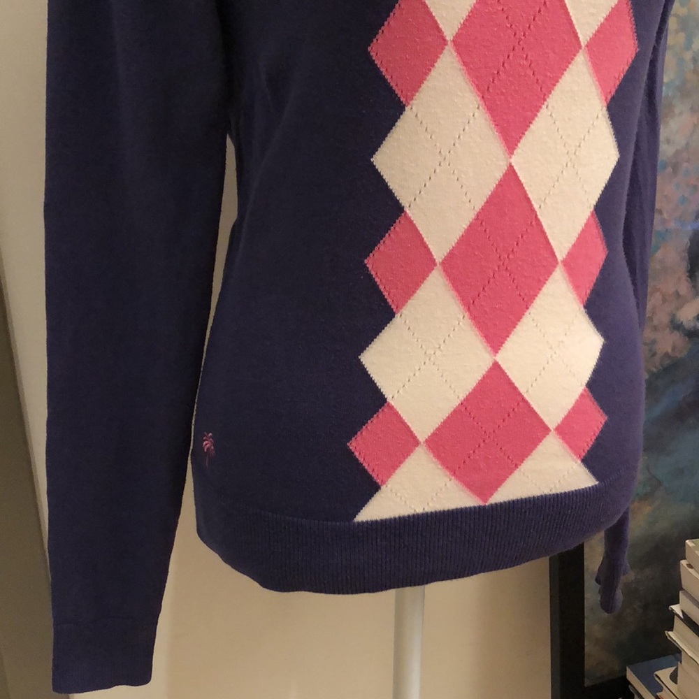 Lilly Pulitzer V-Neck Argyle Sweater Top Long-Sleeve Blue/White/Pink Shirt - Picture 3 of 12